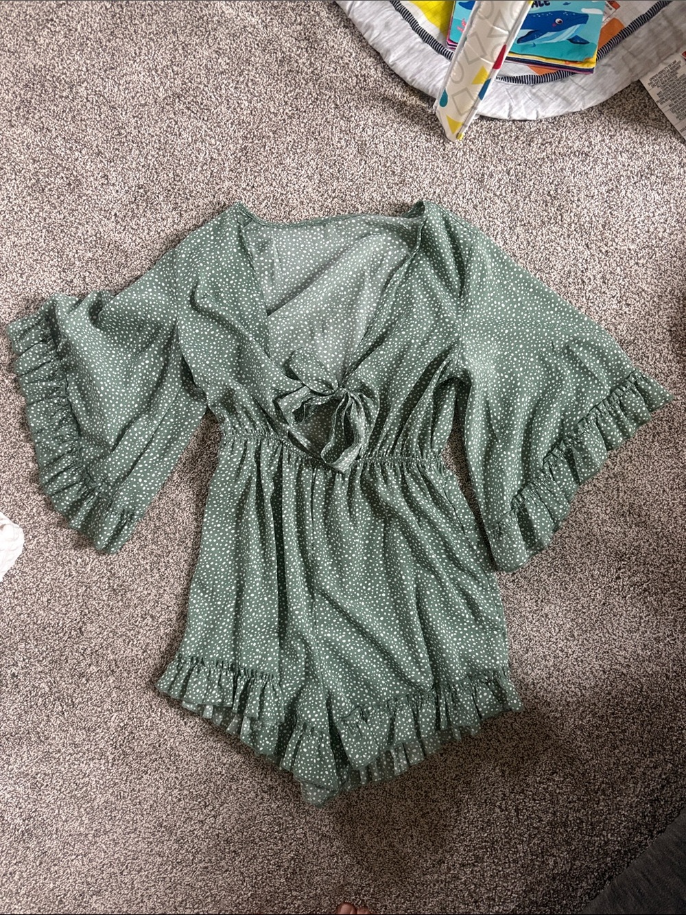 SHEIN Sage Green Polka Dot Tie-Front Tunic Romper